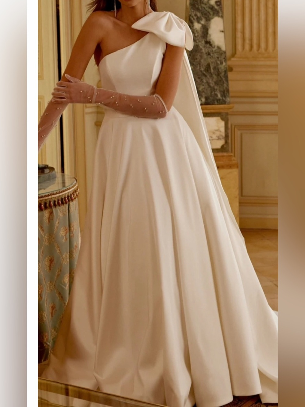 Wedding Dress Justin Alexander Jacqueline Mikado A-Line One Shoulder w Bow Sz 20